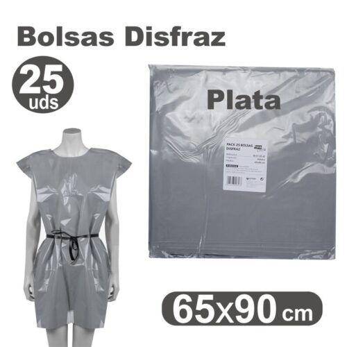 BOLSA DISFRAZ PLASTICO 65X90 PLATA PAQ.25UNID.