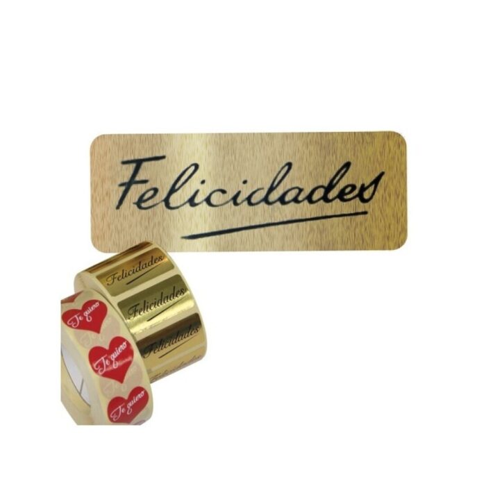 ETIQUETA FELICIDADES ROLLO 20X55 ORO 200UNID