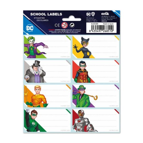 ETIQUETA SOBRE NOMBRE BLISTER 16 STICKERS ESCOLARES DC COMIC